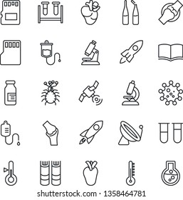 Thin Line Icon Set - satellite antenna vector, book, blood test vial, dropper, microscope, ampoule, real heart, joint, virus, sd, thermometer, rocket, flask