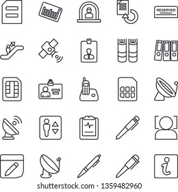 Thin Line Icon Set - satellite antenna vector, elevator, escalator, reception, identity card, book, pen, document, reload, pulse clipboard, barcode, radio phone, sim, notes, face id, paper binder