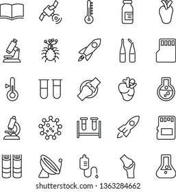 Thin Line Icon Set - satellite antenna vector, book, blood test vial, dropper, microscope, ampoule, real heart, joint, virus, sd, thermometer, rocket, flask