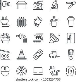 Thin Line Icon Set - satellite antenna vector, fork loader, border cone, wind, mouse, watering, pruner, glove, garden sprayer, drip irrigation, microscope, patch, tomography, radio, remote control