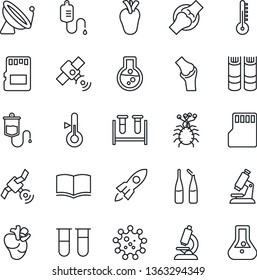 Thin Line Icon Set - satellite antenna vector, book, blood test vial, dropper, microscope, ampoule, real heart, joint, virus, sd, thermometer, rocket, flask