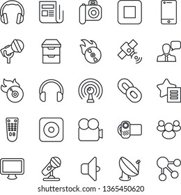 Thin Line Icon Set - satellite antenna vector, flame disk, camera, microphone, news, video, remote control, cell phone, speaker, headphones, monitor, chain, group, favorites list, stop button, rec