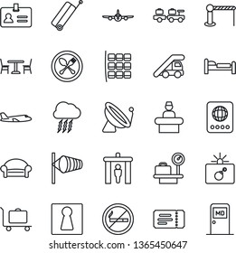 Thin Line Icon Set - satellite antenna vector, suitcase, baggage trolley, barrier, spoon and fork, cafe, security gate, no smoking, female, waiting area, ticket, bomb in case, reception, passport