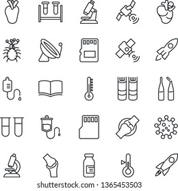 Thin Line Icon Set - satellite antenna vector, book, blood test vial, dropper, microscope, ampoule, real heart, joint, virus, sd, thermometer, rocket
