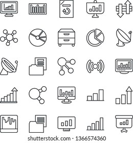 Thin Line Icon Set - satellite antenna vector, growth statistic, monitor, document reload, folder, barcode, share, scanner, data exchange, statistics, bar graph, pie, archive box, wireless