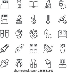 Thin Line Icon Set - satellite antenna vector, book, blood test vial, dropper, microscope, ampoule, real heart, joint, virus, sd, thermometer, rocket, flask
