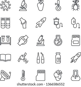 Thin Line Icon Set - satellite antenna vector, book, blood test vial, dropper, microscope, ampoule, real heart, joint, virus, sd, thermometer, rocket, flask