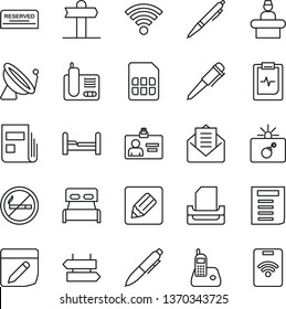 Thin Line Icon Set - satellite antenna vector, no smoking, signpost, bomb in case, reception, identity card, pen, document, pulse clipboard, radio phone, mail, sim, notes, wireless, news, paper tray