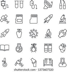 Thin Line Icon Set - satellite antenna vector, book, blood test vial, dropper, microscope, ampoule, real heart, joint, virus, sd, thermometer, rocket, flask