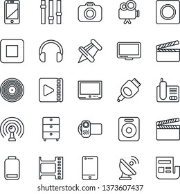 Thin Line Icon Set - satellite antenna vector, clapboard, film frame, vinyl, archive chest, camera, settings, tv, video, cell phone, headphones, monitor, radio, speaker, paper pin, low battery, hdmi