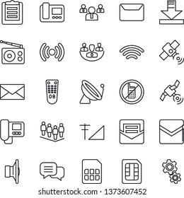 Thin Line Icon Set - satellite antenna vector, no mobile, mail, team, clipboard, radio, speaker, remote control, dialog, sim, download, wireless, cellular signal, company, intercome, gear