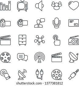 Thin Line Icon Set - satellite antenna vector, clapboard, reel, archive chest, radio, speaker, tv, equalizer, video camera, microphone, touch screen, dialog, share, group, heart, mail, rca