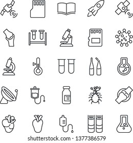 Thin Line Icon Set - satellite antenna vector, book, blood test vial, dropper, microscope, ampoule, real heart, joint, virus, sd, thermometer, rocket, flask