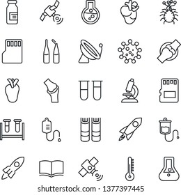 Thin Line Icon Set - satellite antenna vector, book, blood test vial, dropper, microscope, ampoule, real heart, joint, virus, sd, thermometer, rocket, flask