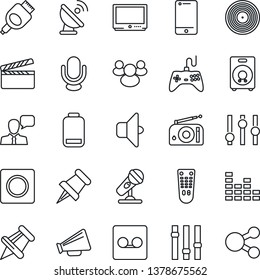Thin Line Icon Set - satellite antenna vector, clapboard, vinyl, microphone, radio, loudspeaker, gamepad, settings, equalizer, tv, remote control, cell phone, speaker, group, paper pin, low battery