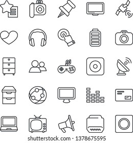 Thin Line Icon Set - satellite antenna vector, archive chest, camera, loudspeaker, tv, gamepad, equalizer, network, touch screen, headphones, monitor, laptop pc, group, favorites list, heart, mail