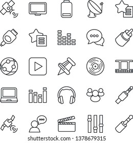 Thin Line Icon Set - satellite antenna vector, clapboard, film frame, vinyl, settings, equalizer, network, dialog, speaker, headphones, monitor, laptop pc, group, favorites list, paper pin, rca