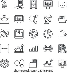 Thin Line Icon Set - satellite antenna vector, office binder, crisis graph, document, statistic monitor, diagnosis, share, scanner, network, download, statistics, bar, pie, folder, point, wireless