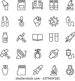 Thin Line Icon Set - satellite antenna vector, book, blood test vial, dropper, microscope, ampoule, real heart, joint, virus, sd, thermometer, rocket, flask