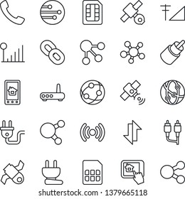 Thin Line Icon Set - satellite vector, network, share, chain, rca, call, sim, data exchange, cellular signal, power plug, wireless, router, home control app, social media