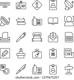 Thin Line Icon Set - satellite antenna vector, signpost, bomb in case, reception, identity card, book, document reload, office phone, radio, mail, sim, notes, face id, news, paper tray, pen, bedroom