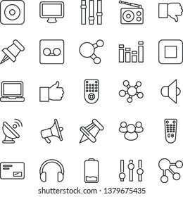 Thin Line Icon Set - satellite antenna vector, radio, speaker, loudspeaker, settings, equalizer, remote control, headphones, monitor, laptop pc, share, group, finger up, down, paper pin, low battery