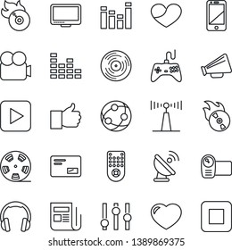 Thin Line Icon Set - satellite antenna vector, reel, vinyl, flame disk, news, loudspeaker, gamepad, settings, equalizer, video camera, remote control, network, cell phone, headphones, monitor, heart