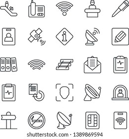 Thin Line Icon Set - satellite antenna vector, escalator, no smoking, reception, pen, document reload, pulse clipboard, signpost, radio phone, mail, sim, notes, wireless, face id, identity card