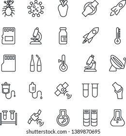 Thin Line Icon Set - satellite antenna vector, book, blood test vial, dropper, microscope, ampoule, real heart, joint, virus, sd, thermometer, rocket, flask