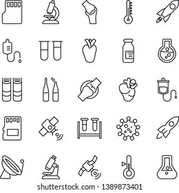 Thin Line Icon Set - satellite antenna vector, book, blood test vial, dropper, microscope, ampoule, real heart, joint, virus, sd, thermometer, rocket, flask