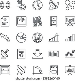 Thin Line Icon Set - satellite antenna vector, growth statistic, office binder, crisis graph, monitor, document reload, diagnosis, barcode, network, scanner, sd, download, bar, pie, point, wireless