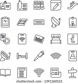Thin Line Icon Set - satellite antenna vector, escalator, identity card, book, pen, document, reload, pulse clipboard, barcode, radio phone, notes, wireless, news, paper binder, tray, bedroom, pass