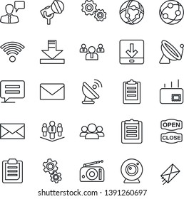Thin Line Icon Set - satellite antenna vector, speaking man, mail, team, clipboard, microphone, radio, network, message, download, company, wireless, open close, web camera, gear, group