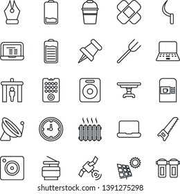 Thin Line Icon Set - satellite antenna vector, coffee machine, security gate, notebook pc, farm fork, bucket, saw, sickle, patch, clock, speaker, paper pin, battery, low, mobile camera, ink pen