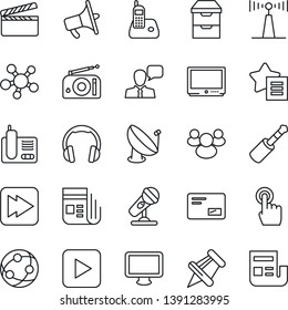 Thin Line Icon Set - satellite antenna vector, clapboard, microphone, radio, news, loudspeaker, tv, network, touch screen, speaker, headphones, monitor, phone, share, group, favorites list, mail