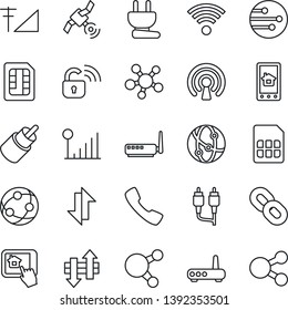 Thin Line Icon Set - satellite vector, network, share, chain, rca, call, sim, data exchange, cellular signal, wireless, power plug, lock, router, home control app, social media
