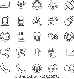 Thin Line Icon Set - satellite vector, network, share, chain, rca, call, sim, data exchange, cellular signal, wireless, power plug, lock, router, home control app, social media