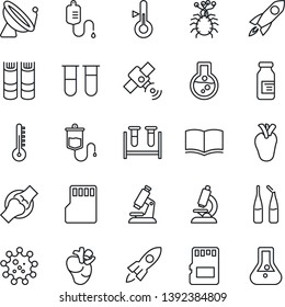 Thin Line Icon Set - satellite antenna vector, book, blood test vial, dropper, microscope, ampoule, real heart, joint, virus, sd, thermometer, rocket, flask