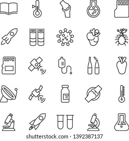 Thin Line Icon Set - satellite antenna vector, book, blood test vial, dropper, microscope, ampoule, real heart, joint, virus, sd, thermometer, rocket, flask