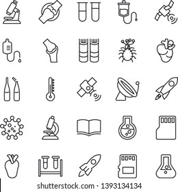 Thin Line Icon Set - satellite antenna vector, book, blood test vial, dropper, microscope, ampoule, real heart, joint, virus, sd, thermometer, rocket, flask