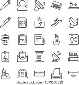 Thin Line Icon Set - satellite antenna vector, elevator, escalator, bomb in case, reception, identity card, pen, document, pulse clipboard, signpost, office phone, barcode, radio, mail, sim, face id