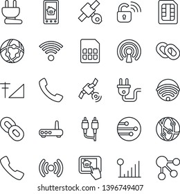 Thin Line Icon Set - satellite vector, network, chain, rca, call, sim, cellular signal, wireless, power plug, lock, router, home control app, social media