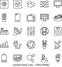 Thin Line Icon Set - satellite antenna vector, tv, clouds, monitor pulse, sorting, route, settings, remote control, network, radio phone, share, speaker, low battery, back, tuning, fingerprint id
