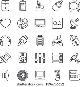 Thin Line Icon Set - satellite antenna vector, film frame, vinyl, archive chest, flame disk, speaker, tv, gamepad, settings, remote control, headphones, monitor, laptop pc, radio phone, heart, rca