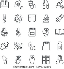 Thin Line Icon Set - satellite antenna vector, book, blood test vial, dropper, microscope, ampoule, real heart, joint, virus, sd, thermometer, rocket, flask
