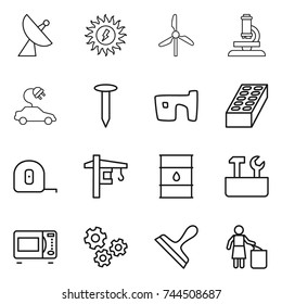 thin line icon set : satellite antenna, sun power, windmill, microscope, electric car, nail, slum, brick, measuring tape, tower crane, barrel, repair tools, microwave oven, gears, scraper