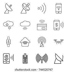 thin line icon set : satellite antenna, wireless, phone, cloude service, cloud, tap to pay, smart watch, home, drone, mobile, remote control