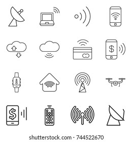 conjunto de iconos de línea delgada: antena satelital, portátil inalámbrico, teléfono, servicio nublado, cloud, tap to pay, smart watch, home, drone, mobile, control remoto