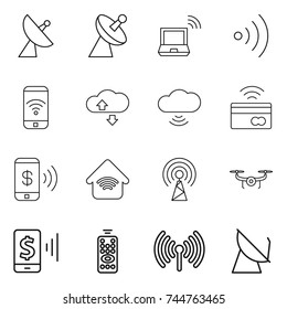 thin line icon set : satellite antenna, notebook wireless, phone, cloude service, cloud, tap to pay, home, drone, mobile, remote control