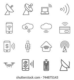 thin line icon set : satellite antenna, notebook wireless, phone, cloude service, cloud, tap to pay, smart watch, home, drone, mobile, remote control